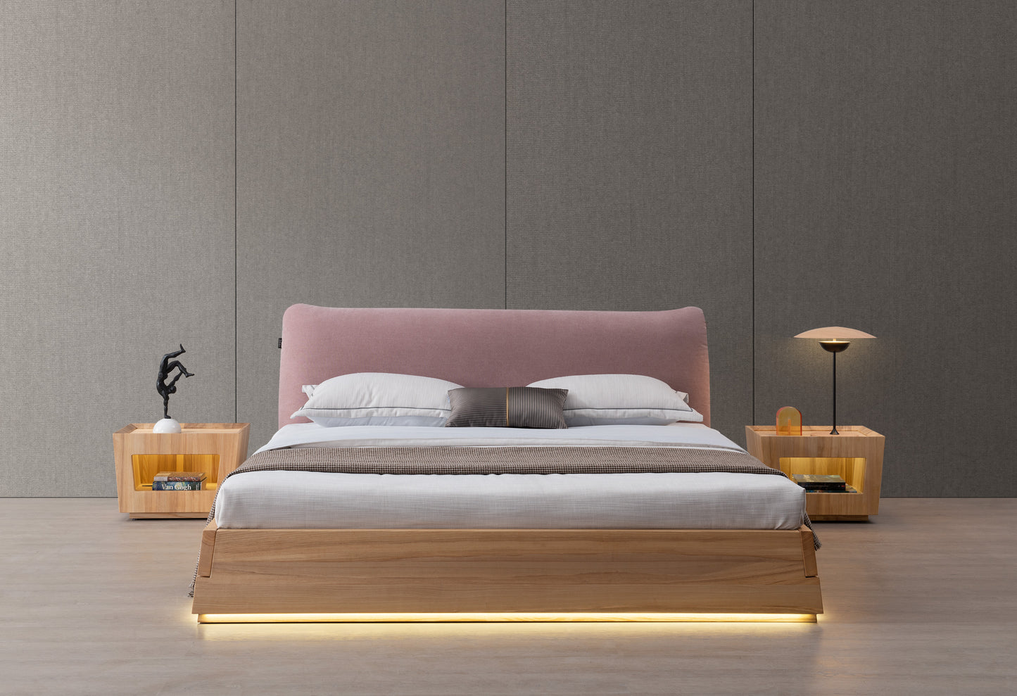 Minimalist style fabric solid wood bed with LED light strip