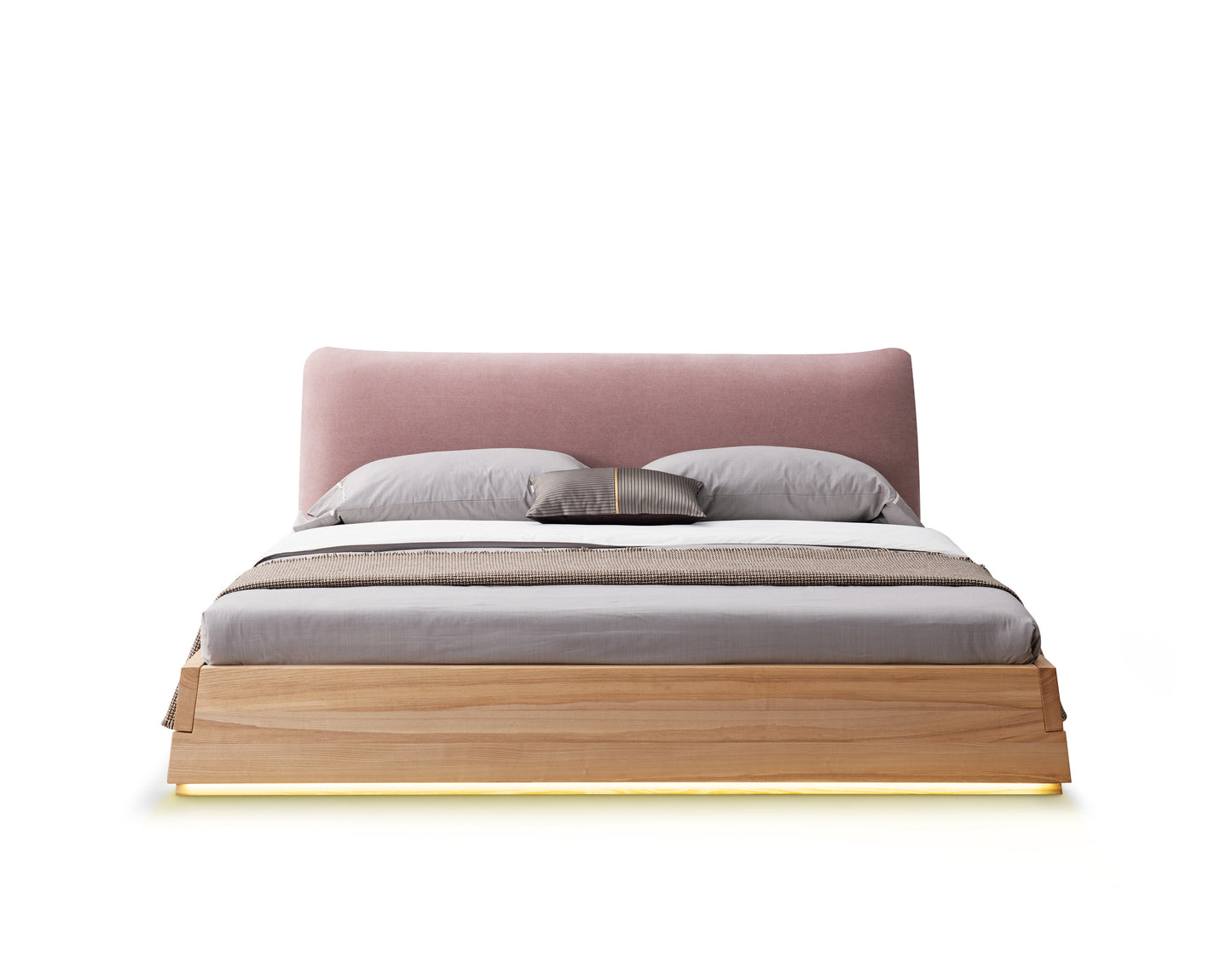 Minimalist style fabric solid wood bed with LED light strip