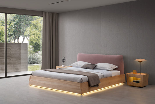 Minimalist style fabric solid wood bed with LED light strip