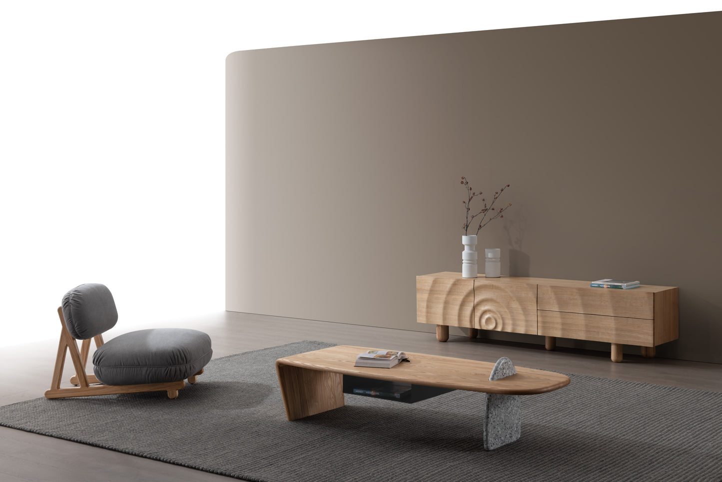 A coffee table made of terrazzo and solid wood